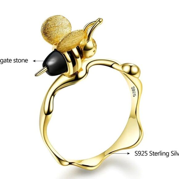 925 Sterling Silver & 18K Gold Plated Honey Drip Bumblebee Ring Size 9 - Picture 6 of 7
